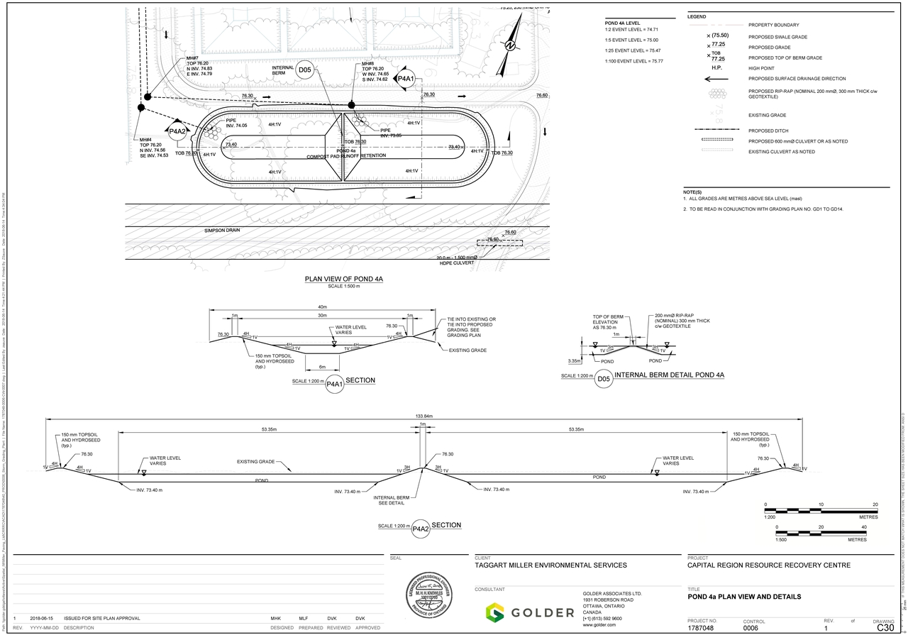 Construction site plan for project from page 1 of the file '2018-07-27 - POND 4a PLAN VIEW AND DETAILS - D07-12-18-0097'