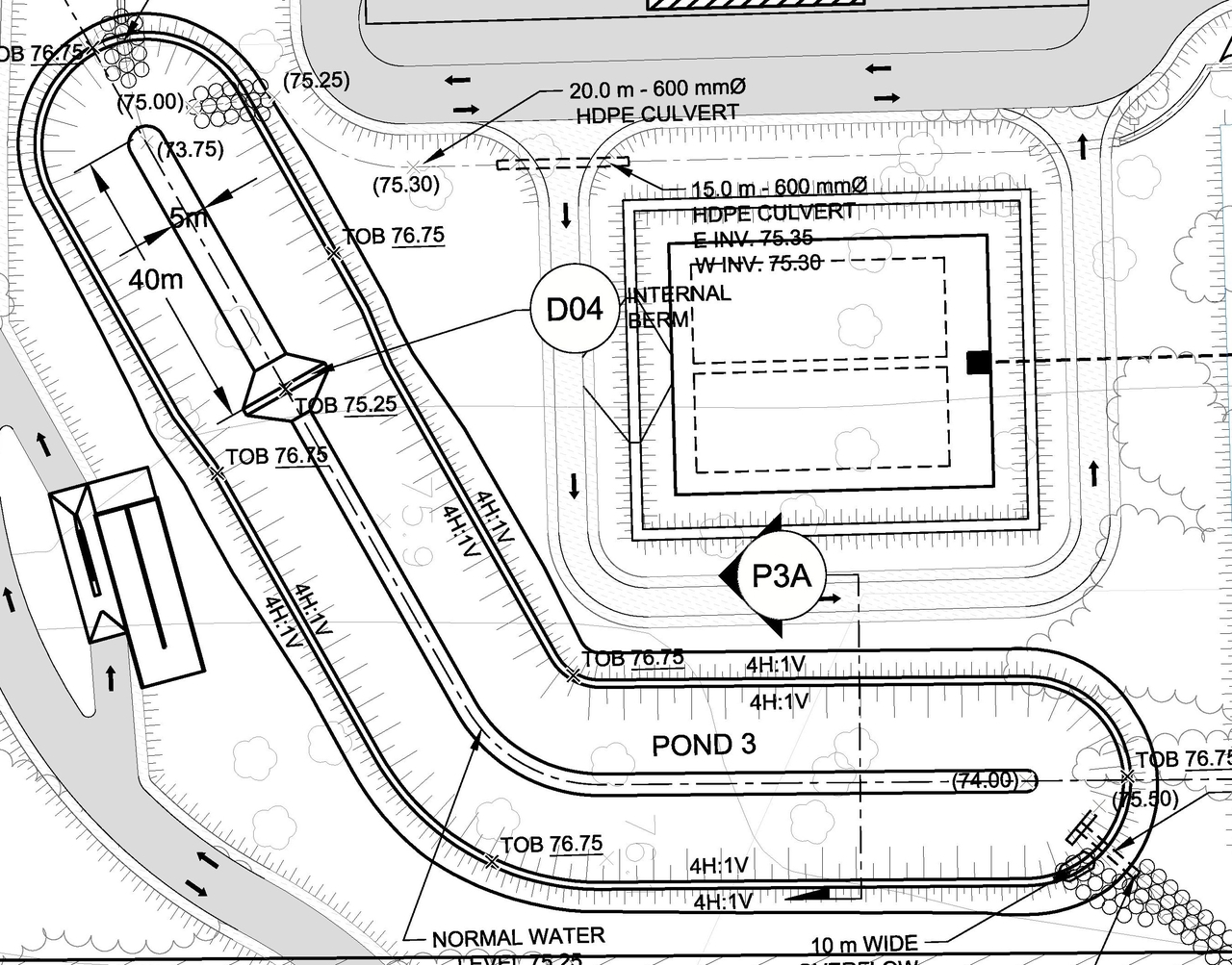 Construction site plan for project from page 1 of the file '2018-07-27 - POND 3 PLAN VIEW AND DETAILS - D07-12-18-0097'