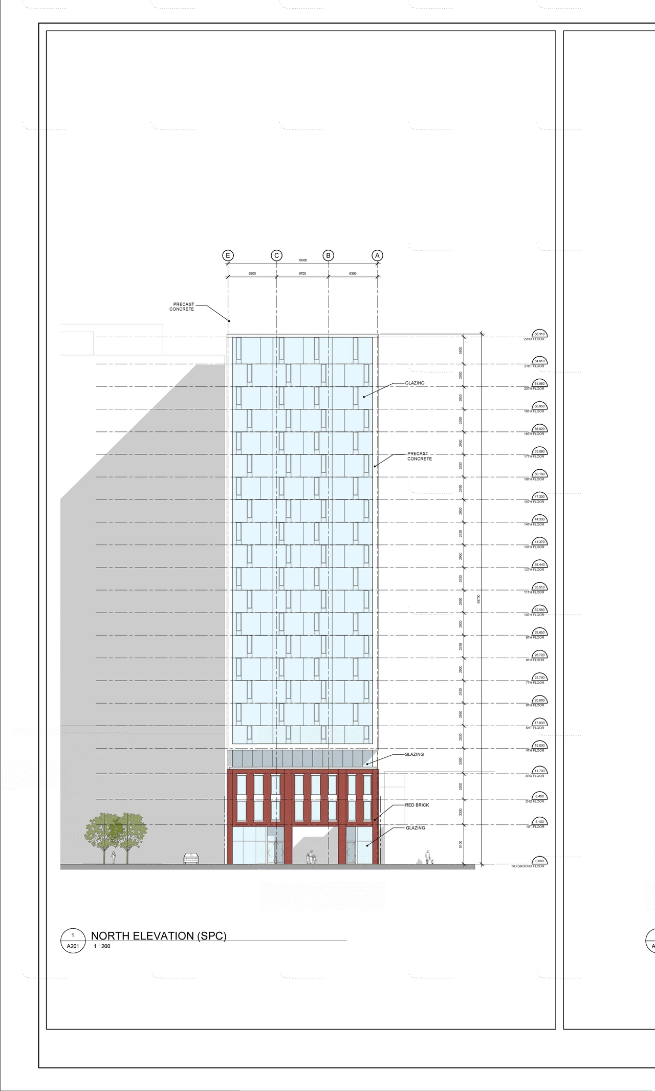 Rendering of building from page 2 of the file '2019-06-03 - Floor Plans, Elevations, Shadow Study'
