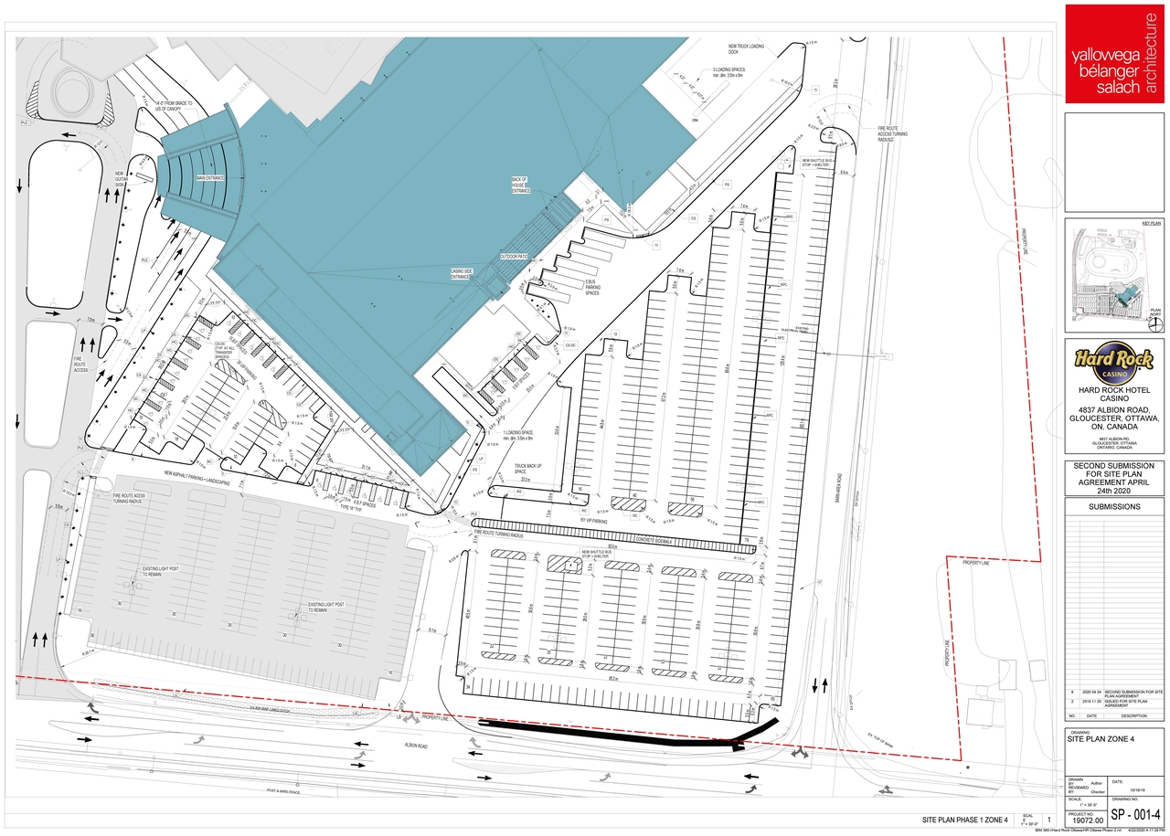 Construction site plan for project from page 6 of the file '2020-04-28 - Site Plans, Main Floor Plan, Elevations, Shuttle Bus Route Plan - D07-12-19-0191'