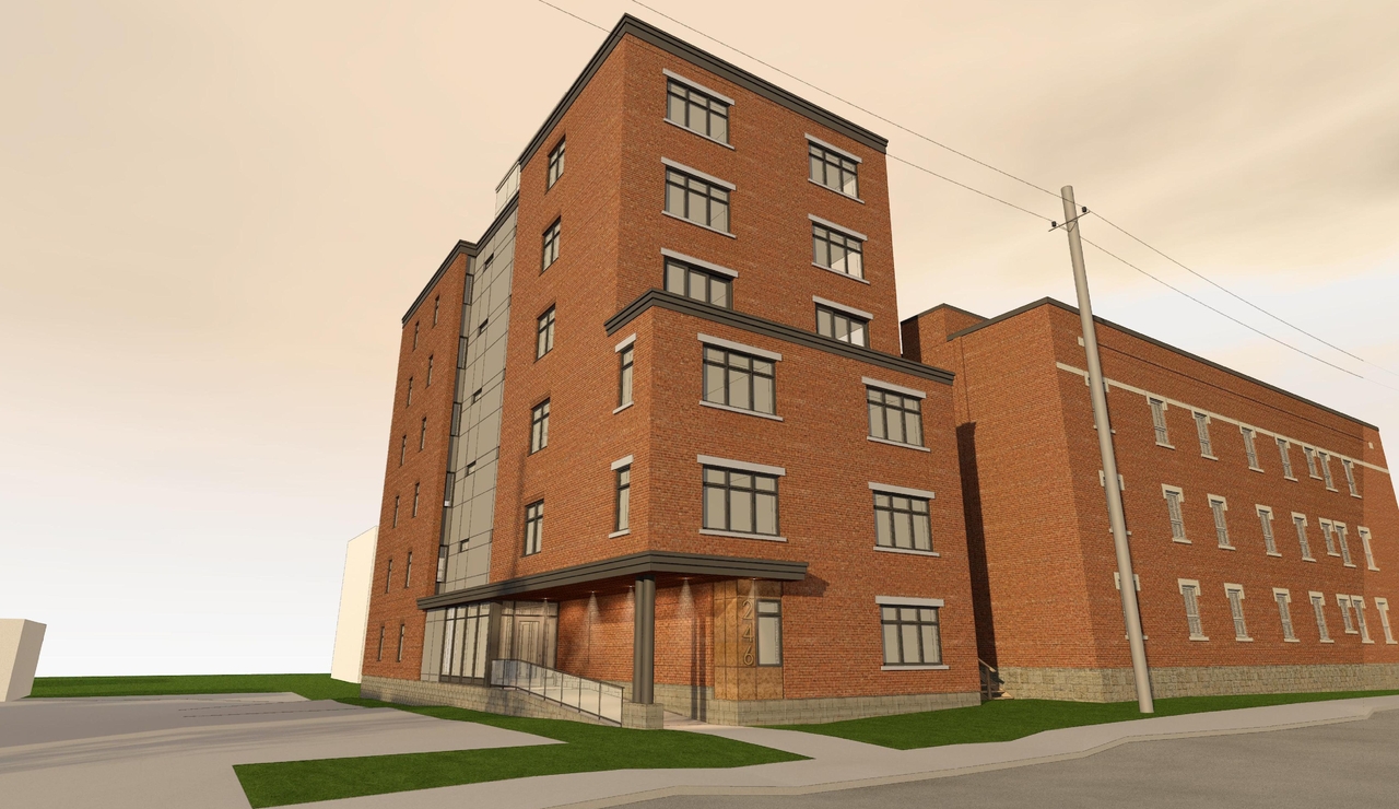 Rendering of building from page 1 of the file '2020-04-22 - REVISED Renderings - D07-12-19-0196'