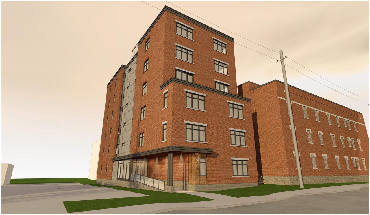 Rendering of building from page 1 of the file '2020-04-22 - REVISED Renderings - D07-12-19-0196'