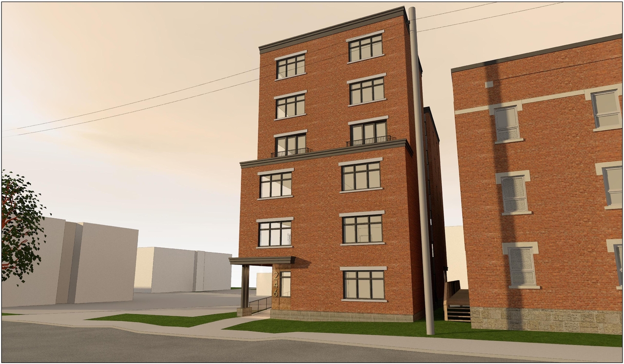 Rendering of building from page 2 of the file '2020-04-22 - REVISED Renderings - D07-12-19-0196'