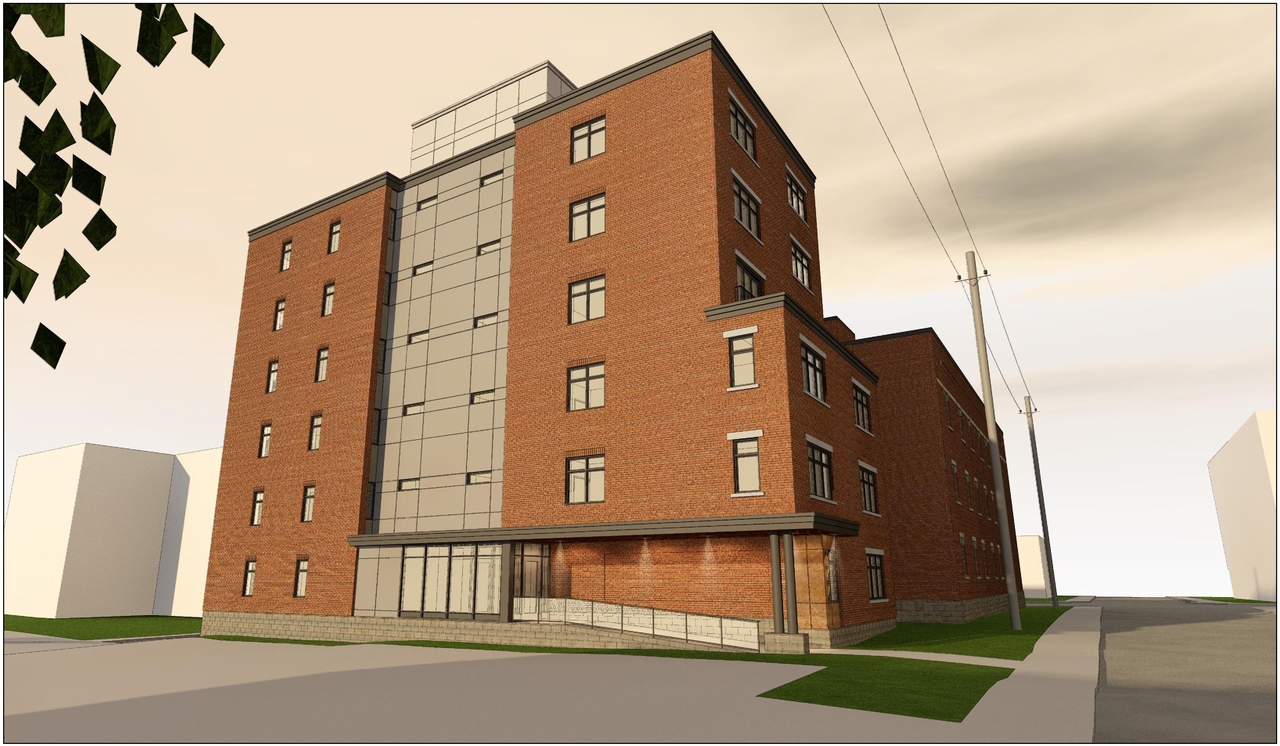Rendering of building from page 3 of the file '2020-04-22 - REVISED Renderings - D07-12-19-0196'