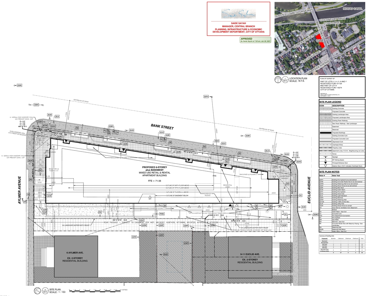 Construction site plan for project from page 1 of the file '2021-01-28 - Approved Site Plan, Floor Plans and Elevations - D07-12-19-0215'