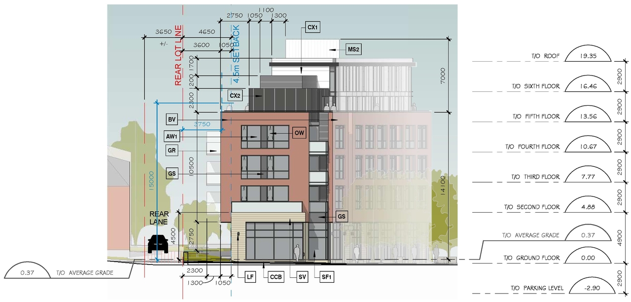 Rendering of building from page 3 of the file '2021-01-28 - Approved Site Plan, Floor Plans and Elevations - D07-12-19-0215'