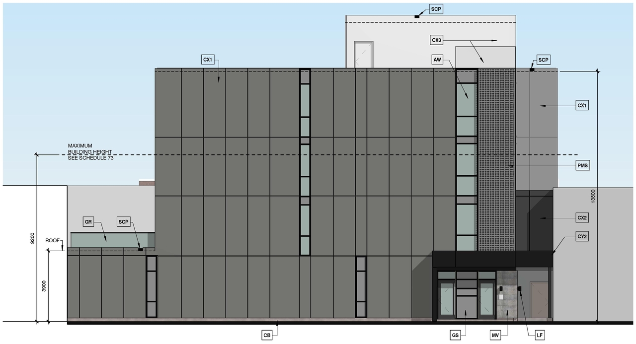 Rendering of building from page 2 of the file '2021-04-13- APPROVED Site Plan Elevations Floor Plan - D07-12-20-0006'