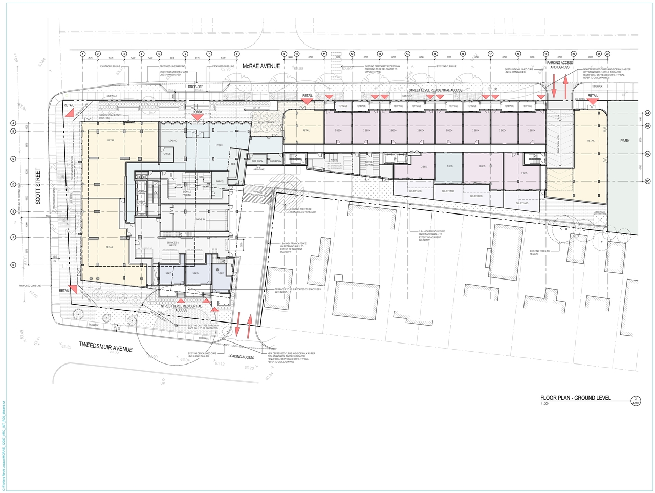 Construction site plan for project from page 1 of the file '2020-10-28 - Ground Level Floor Plan - D07-12-20-0035'