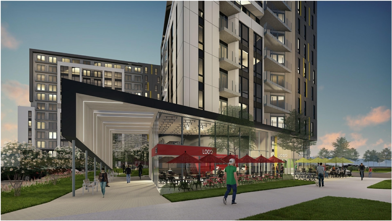 Rendering of building from page 48 of the file '2021-06-23 - Floor Plans and Elevations (2021-05-21)- D07-12-20-0041'