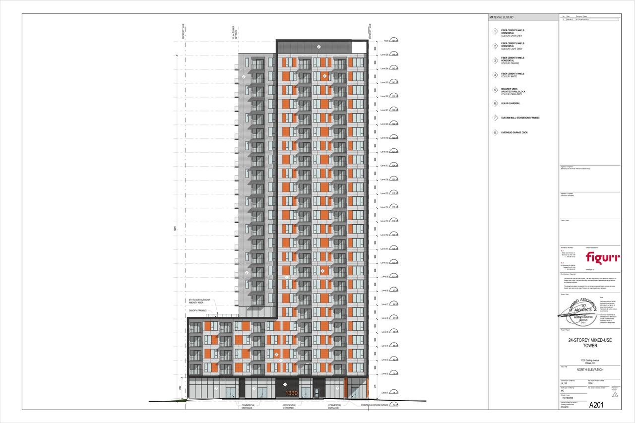 Rendering of building from page 7 of the file '2020-05-20 - Floor Plans and Elevations - D07-12-20-0063'