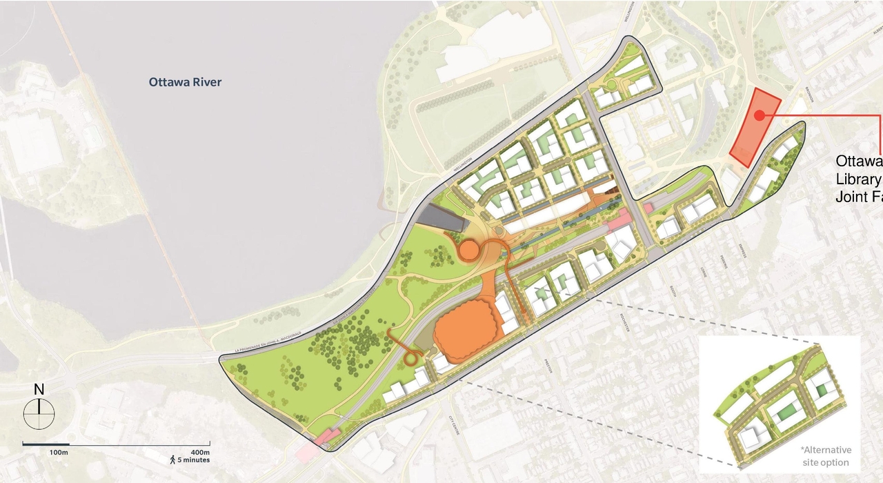 Construction site plan for project from page 8 of the file '2020-08-05 - Joint Design Review Panel - August 5 - Design Brief EN - D07-12-20-0077'