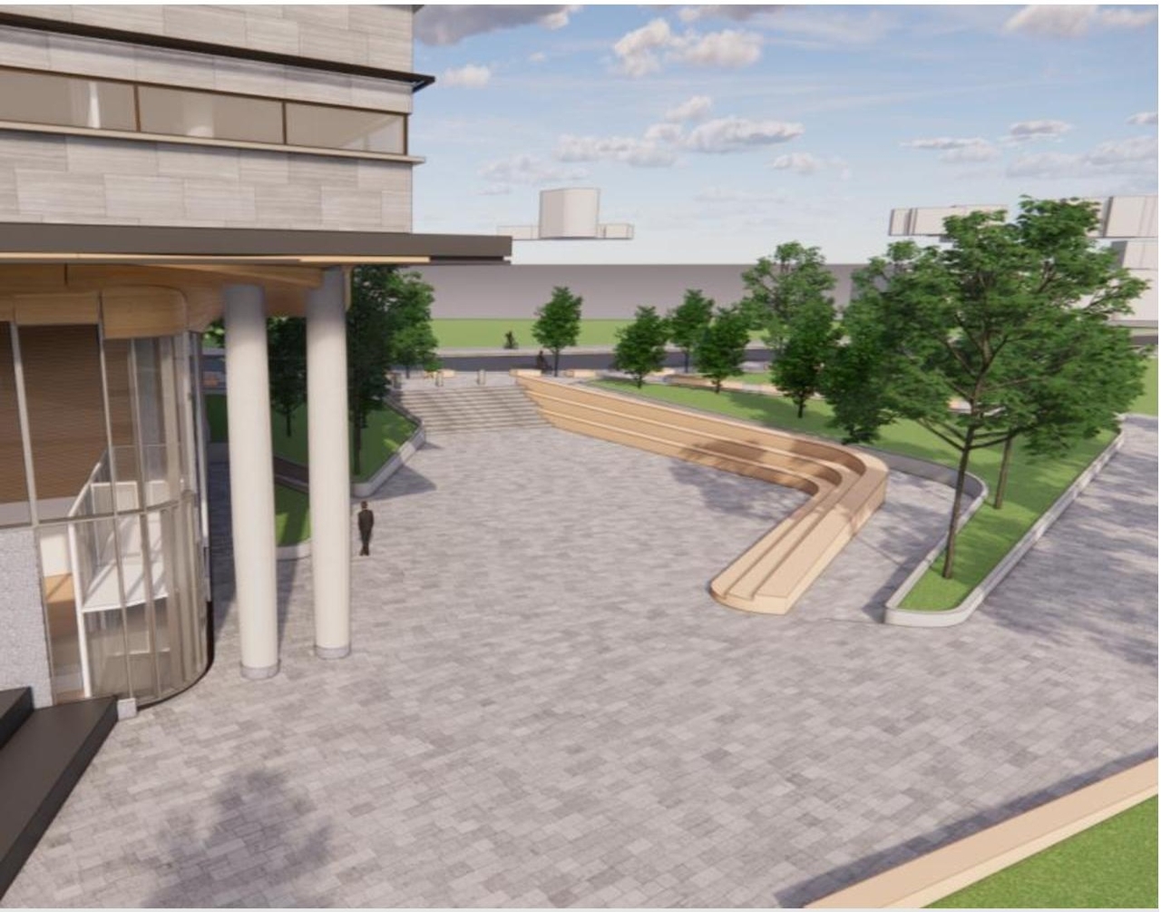 Rendering of building from page 43 of the file '2020-08-05 - Joint Design Review Panel - August 5 - Design Brief EN - D07-12-20-0077'