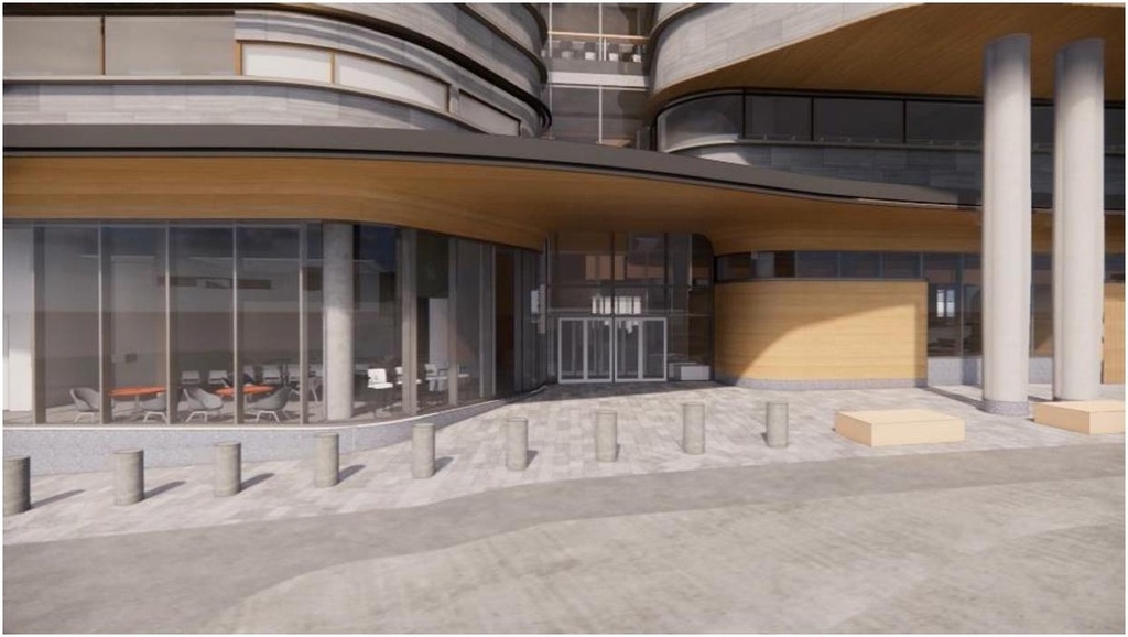 Rendering of building from page 16 of the file '2020-08-05 - Joint Design Review Panel - August 5 - Design Brief FR - D07-12-20-0077'