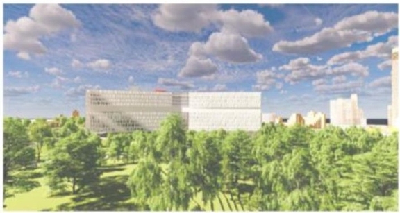 Rendering of building from page 50 of the file '2021-10-28 - APPROVED Design Brief and Planning Rationale - D07-12-21-0059'