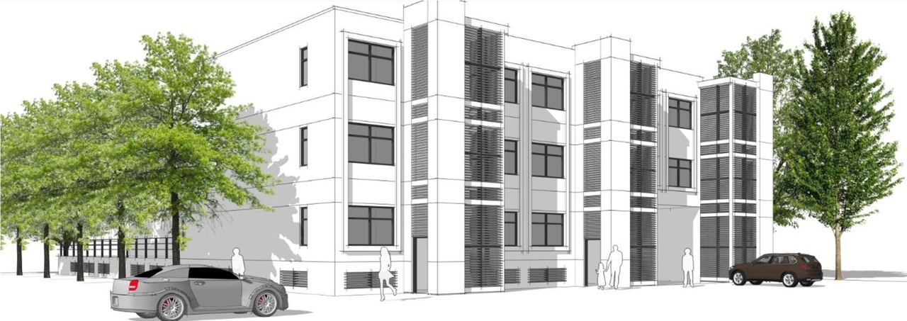 Rendering of building from page 9 of the file '2021-06-16 - Design Brief - D07-12-21-0084'
