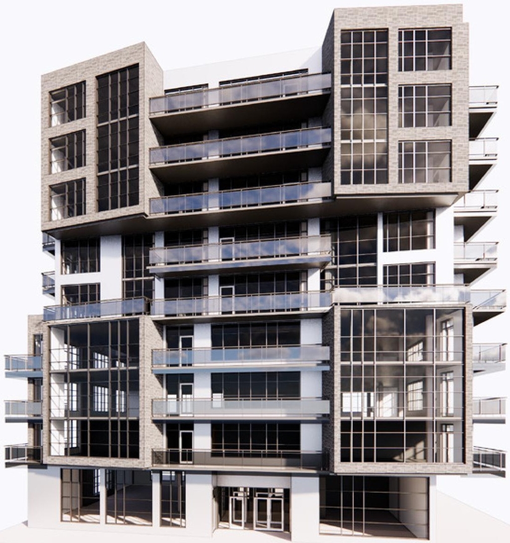 Rendering of building from page 24 of the file '2021-06-21 - Design Brief - D07-12-21-0088'