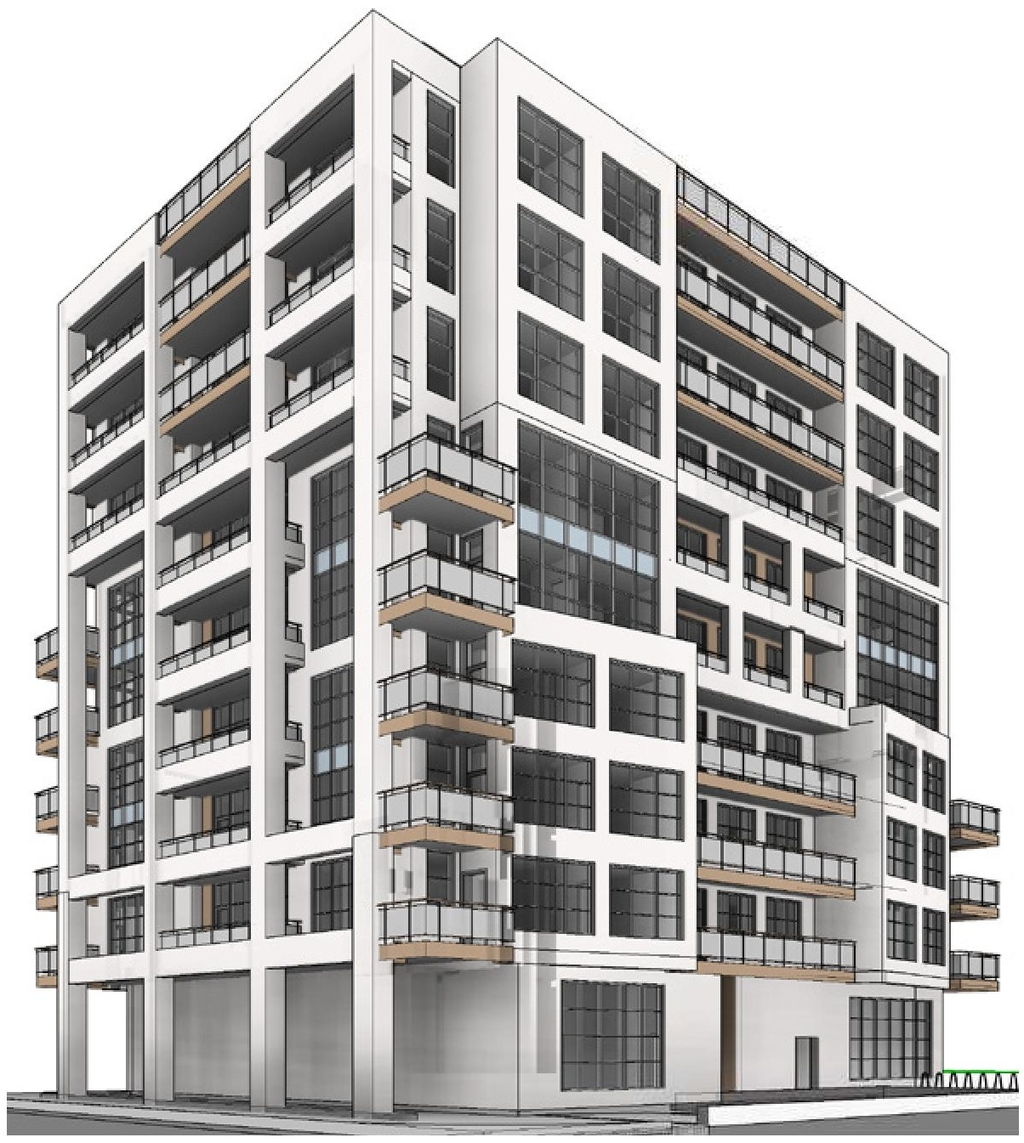 Rendering of building from page 24 of the file '2021-06-21 - Design Brief - D07-12-21-0088'