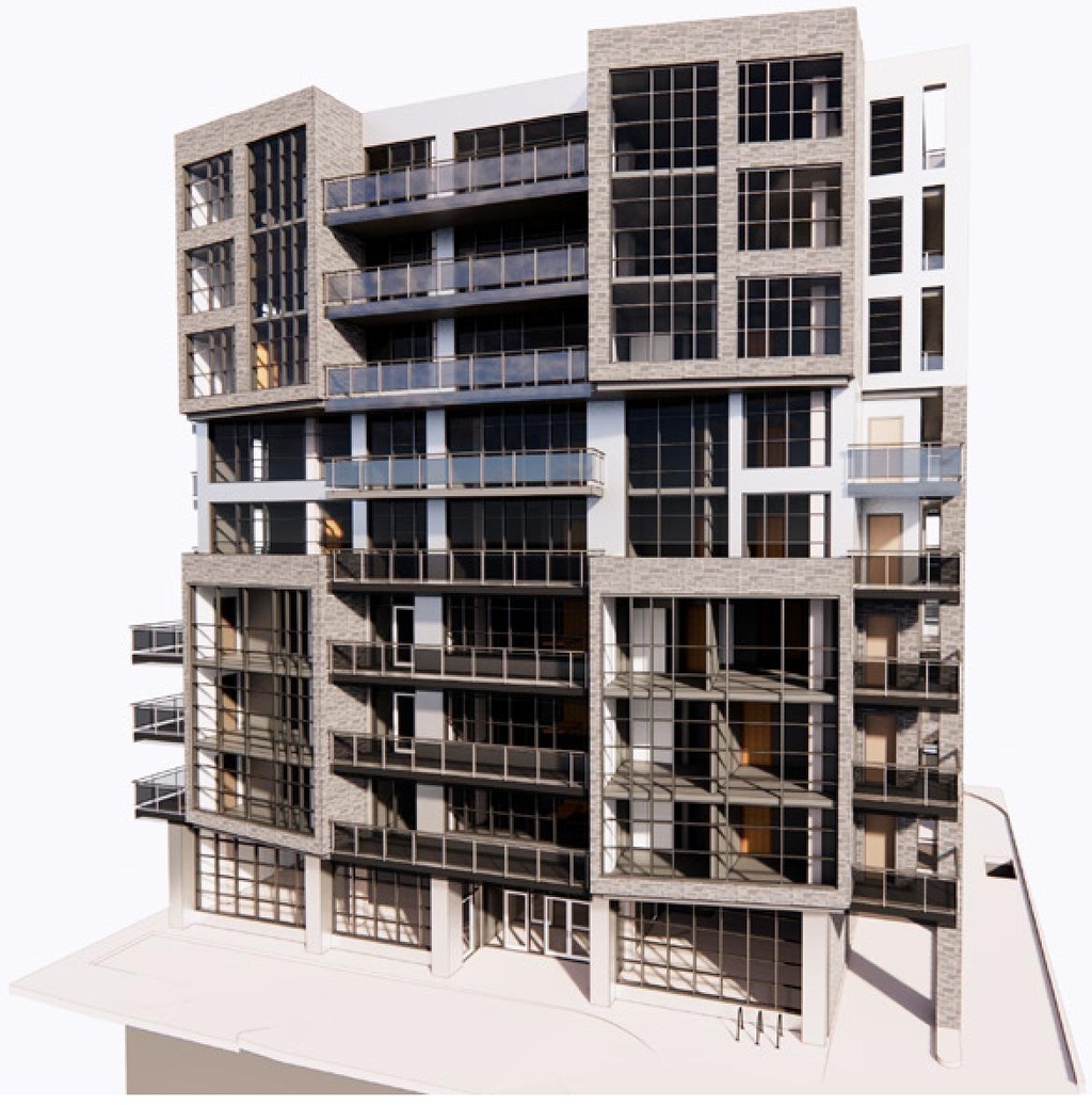 Rendering of building from page 24 of the file '2021-06-21 - Design Brief - D07-12-21-0088'