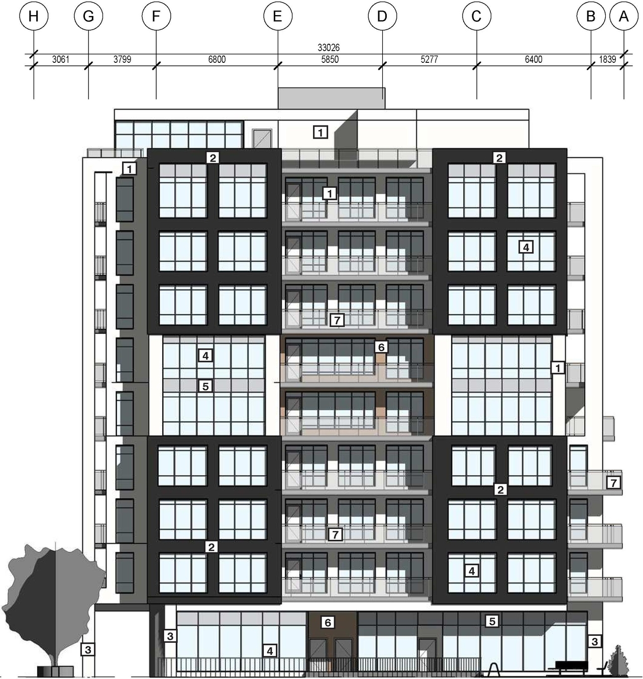 Rendering of building from page 29 of the file '2021-06-21 - Design Brief - D07-12-21-0088'