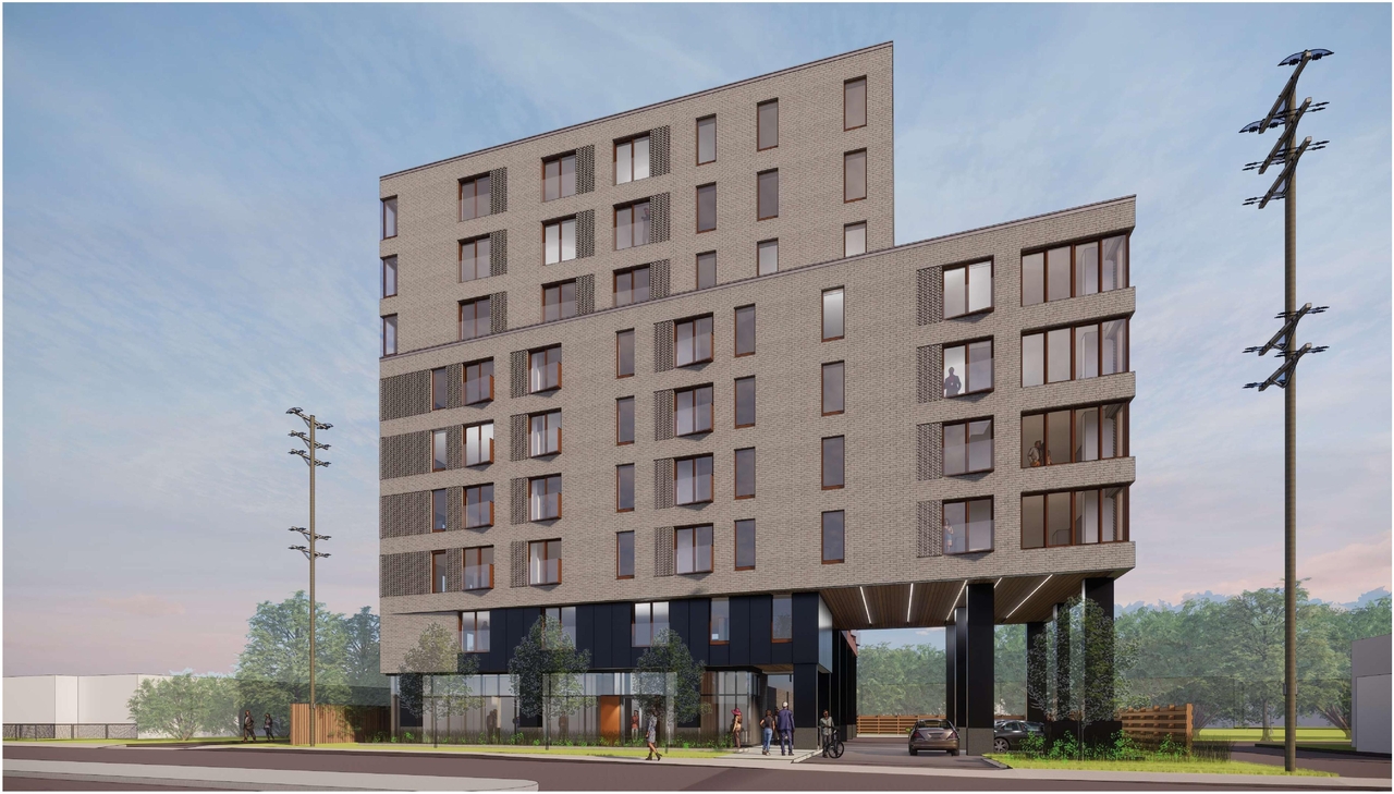 Rendering of building from page 1 of the file '2022-05-11 - View from Montreal Rd. - D07-12-21-0094'