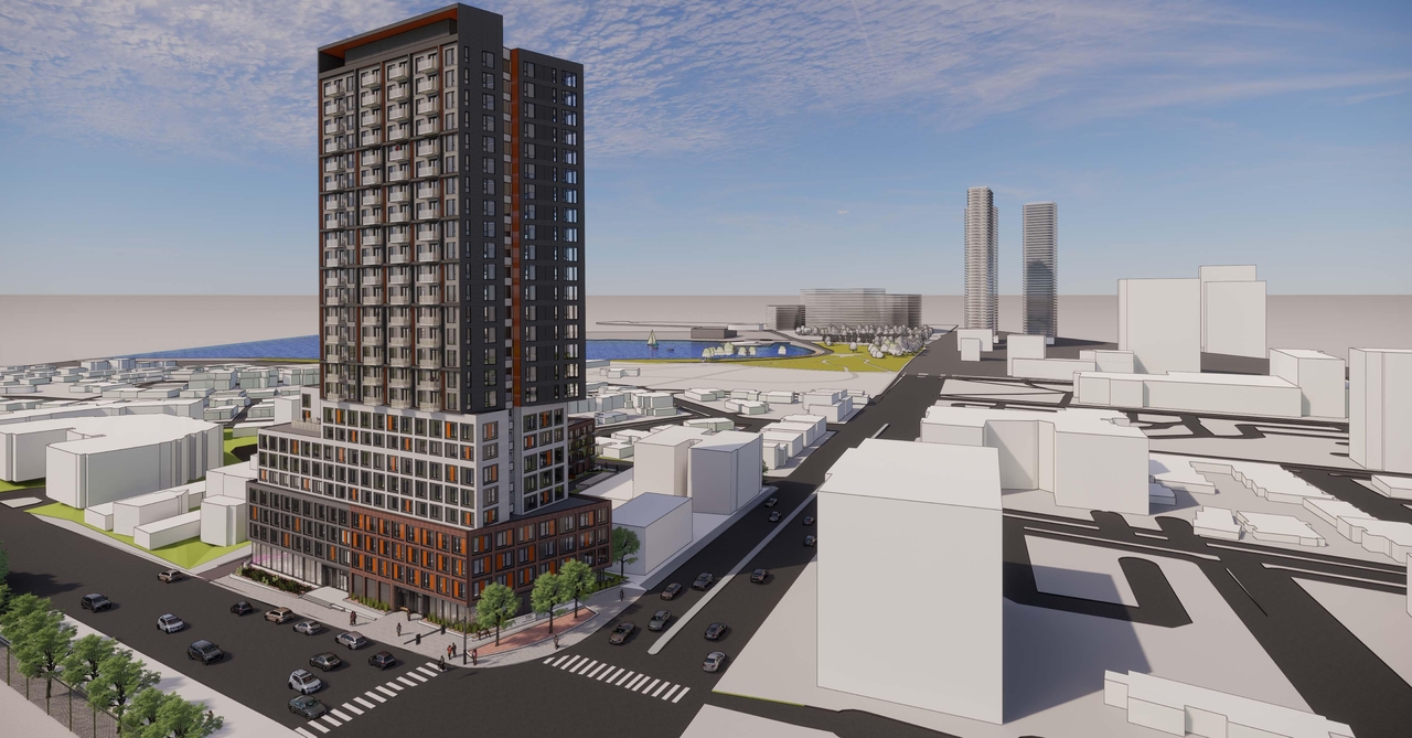 Rendering of building from page 1 of the file '2021-07-19 - Bird's Eye VIEW WEST - D07-12-21-0108'