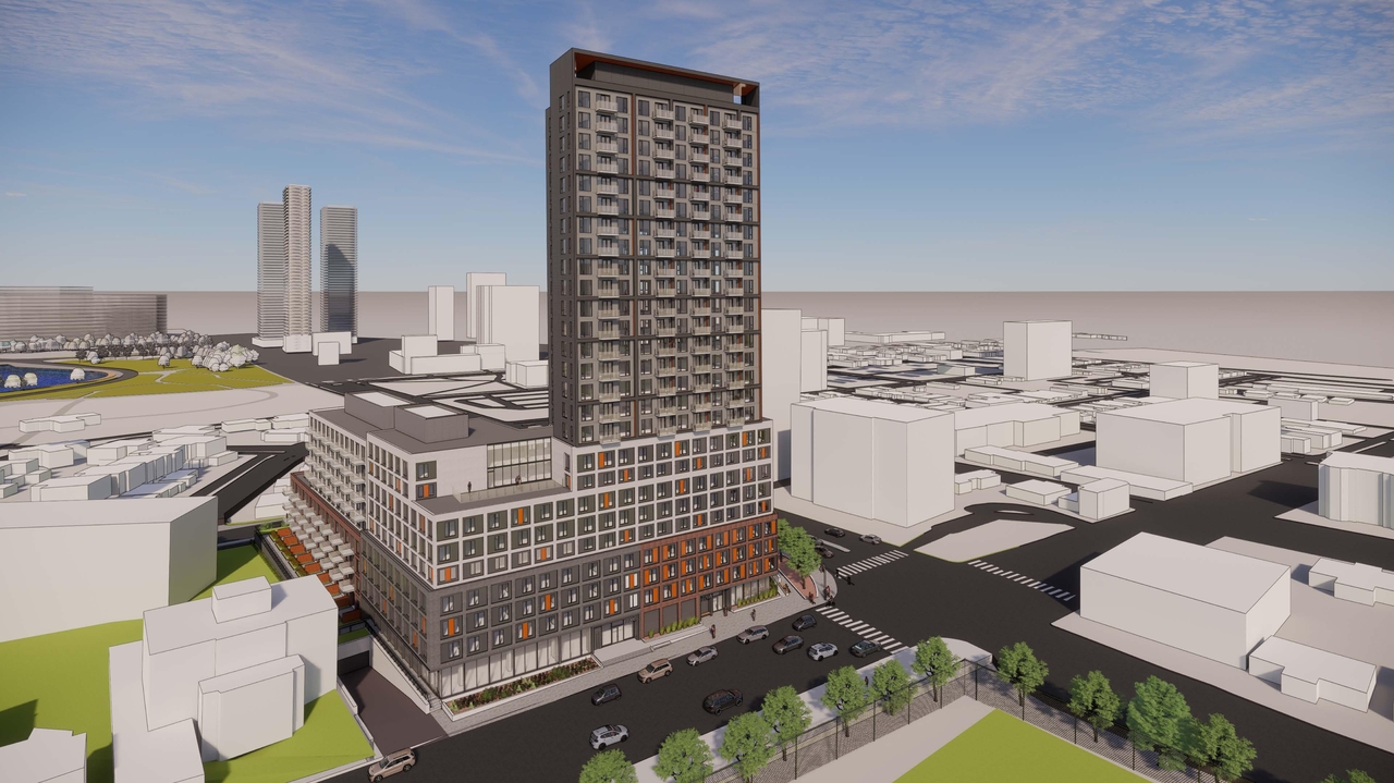 Rendering of building from page 1 of the file '2021-07-19 - South East Bird's Eye West View - D07-12-21-0108'