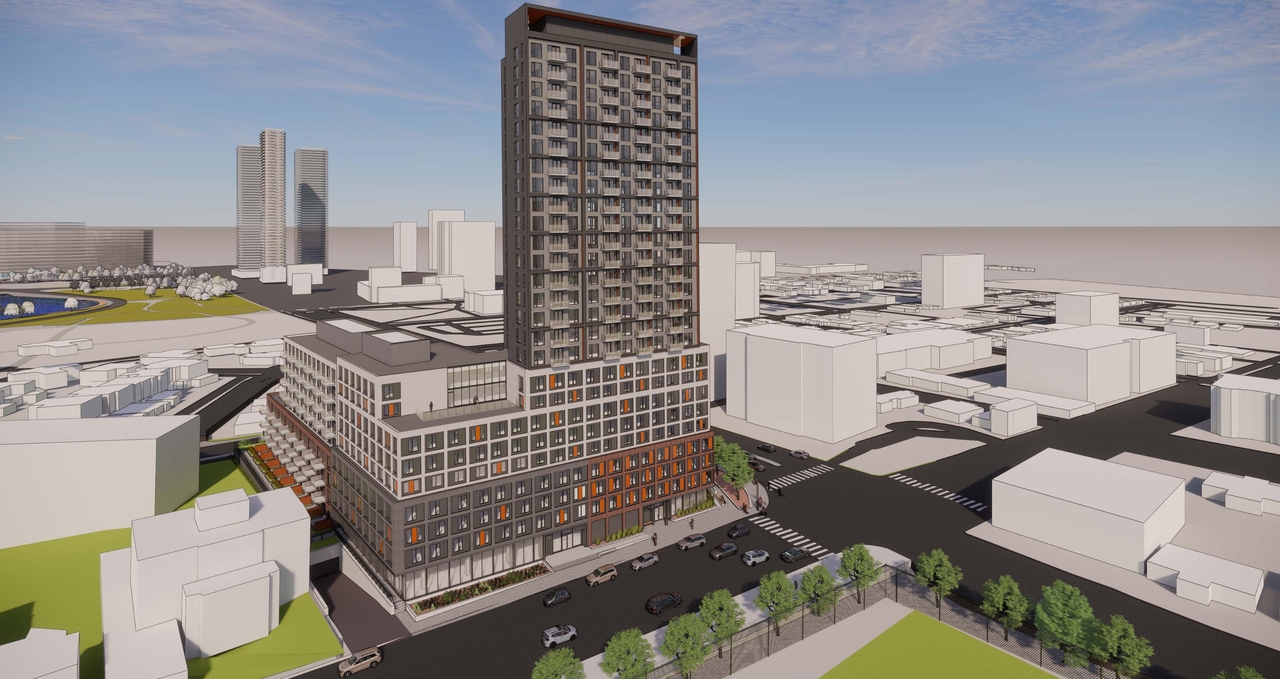 Rendering of building from page 1 of the file '2021-07-19 - South East Bird's Eye West View - D07-12-21-0108'