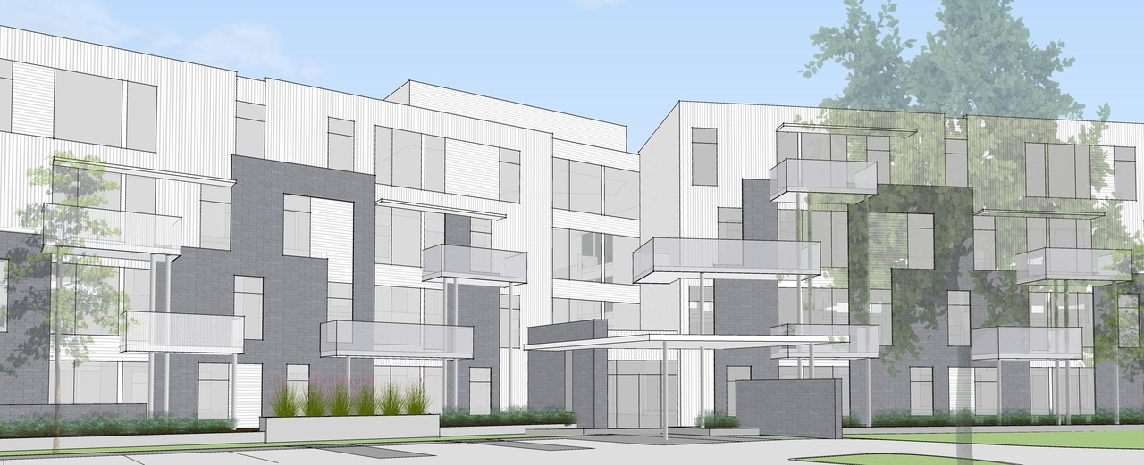 Rendering of building from page 1 of the file '2021-07-20 - View of Main Entry - D07-12-21-0109'