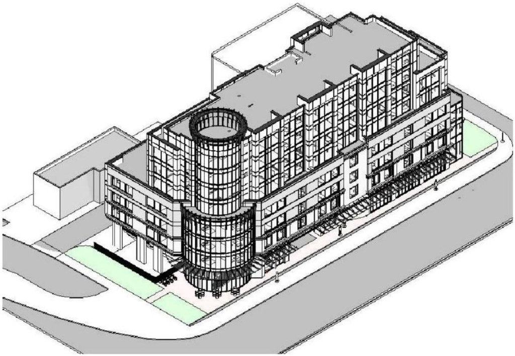 Rendering of building from page 14 of the file '2021-08-23 - Design Brief - D07-12-21-0128'