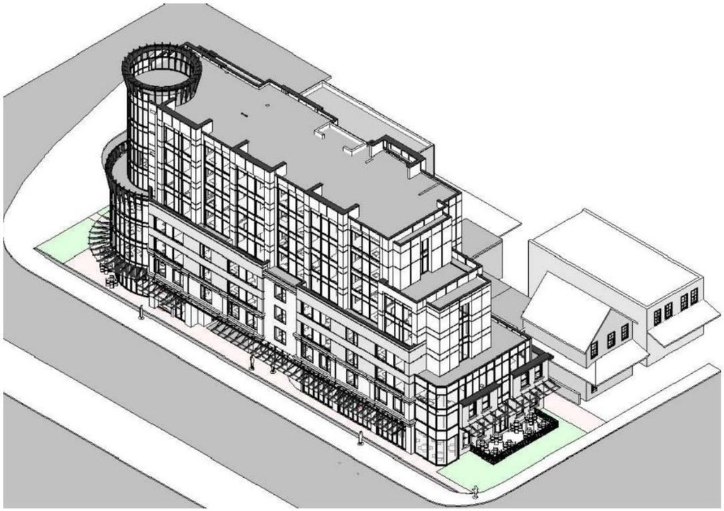 Rendering of building from page 14 of the file '2021-08-23 - Design Brief - D07-12-21-0128'
