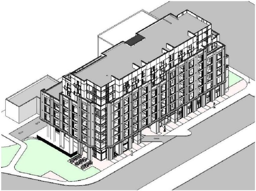 Rendering of building from page 14 of the file '2021-08-23 - Design Brief - D07-12-21-0128'