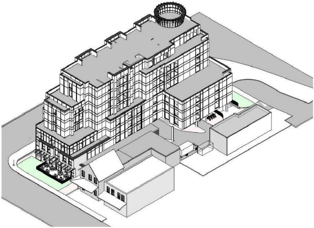 Rendering of building from page 14 of the file '2021-08-23 - Design Brief - D07-12-21-0128'