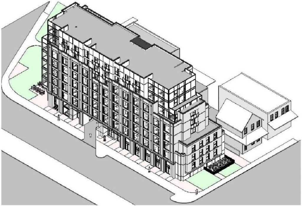 Rendering of building from page 14 of the file '2021-08-23 - Design Brief - D07-12-21-0128'