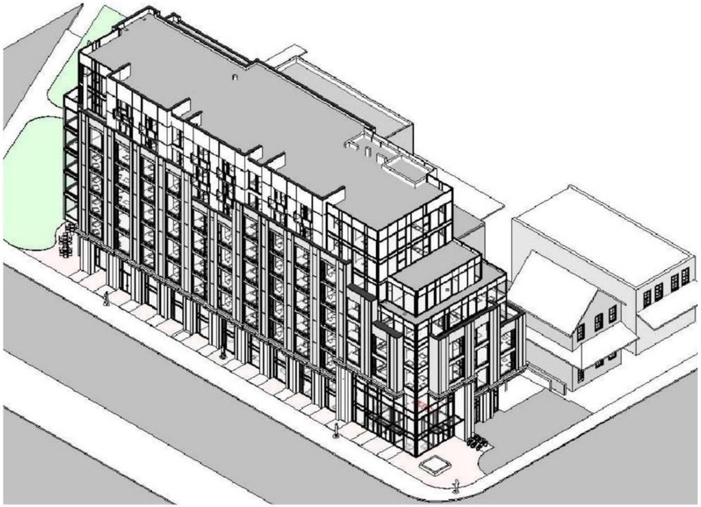 Rendering of building from page 15 of the file '2021-08-23 - Design Brief - D07-12-21-0128'