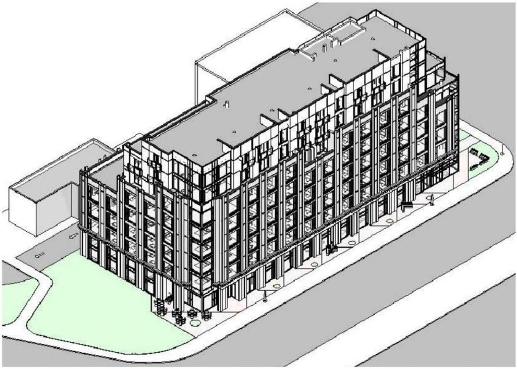 Rendering of building from page 15 of the file '2021-08-23 - Design Brief - D07-12-21-0128'