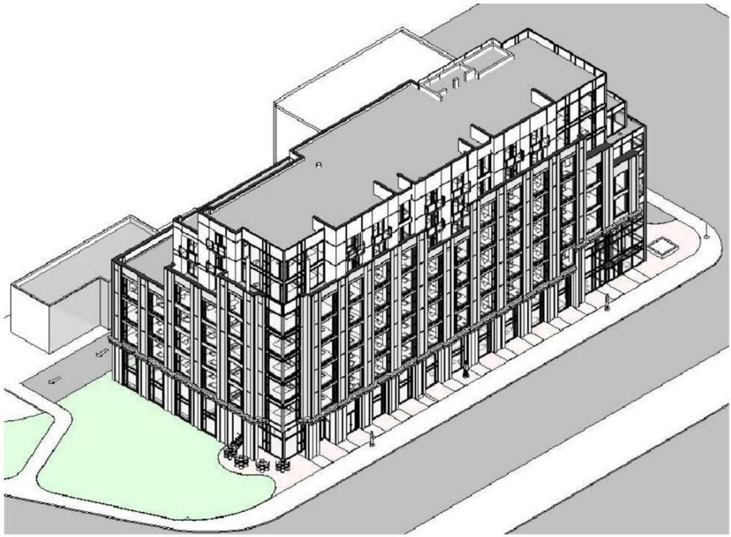 Rendering of building from page 15 of the file '2021-08-23 - Design Brief - D07-12-21-0128'