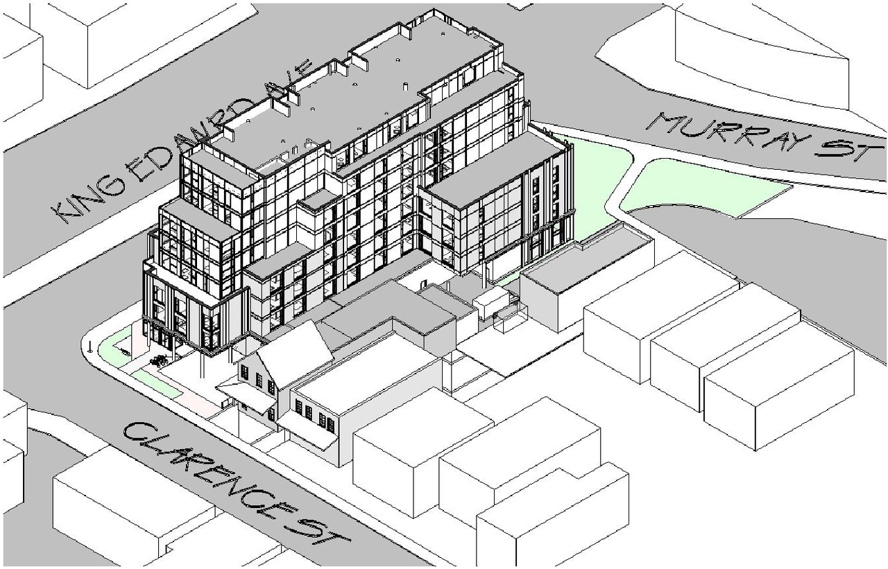 Rendering of building from page 16 of the file '2021-08-23 - Design Brief - D07-12-21-0128'