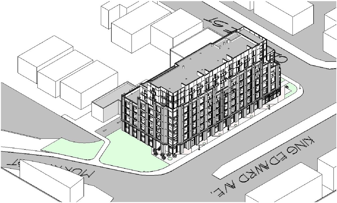 Rendering of building from page 16 of the file '2021-08-23 - Design Brief - D07-12-21-0128'
