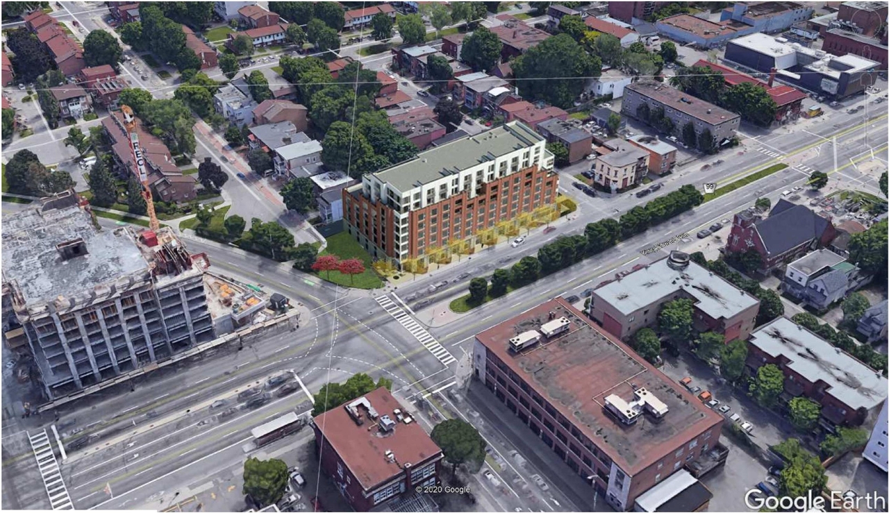 Rendering of building from page 23 of the file '2021-08-23 - Design Brief - D07-12-21-0128'
