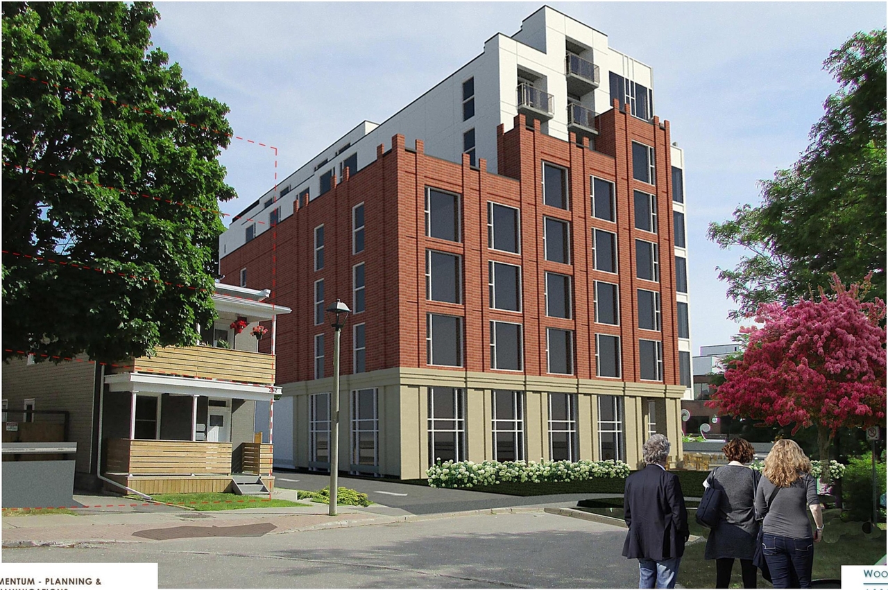 Rendering of building from page 26 of the file '2021-08-23 - Design Brief - D07-12-21-0128'