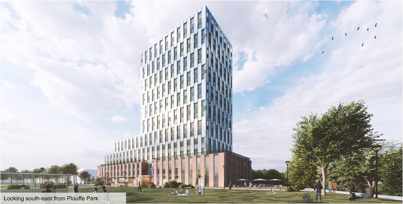 Rendering of building from page 51 of the file '2021-11-25 - UDRP Dec 3 2021 Design Brief - D07-12-21-0149'