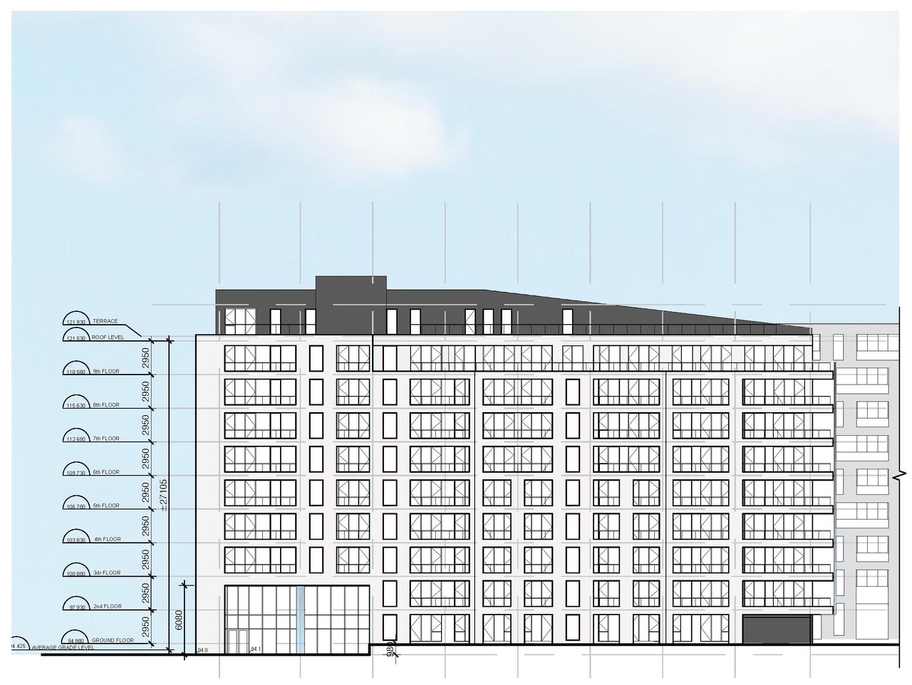 Rendering of building from page 18 of the file '2021-09-27 - Site Plan Shadow Analysis Floor Plans - D07-12-21-0152'