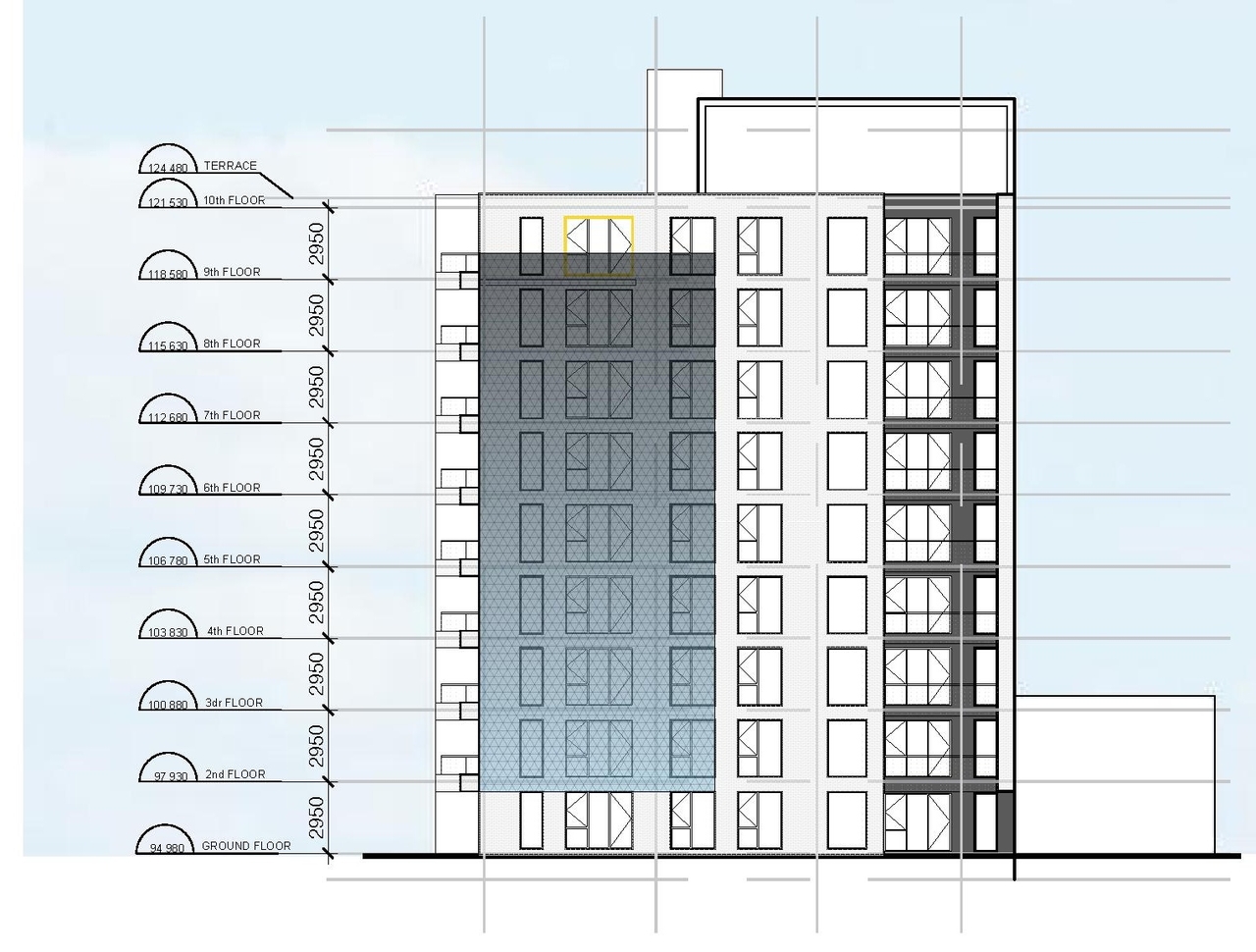 Rendering of building from page 18 of the file '2021-09-27 - Site Plan Shadow Analysis Floor Plans - D07-12-21-0152'