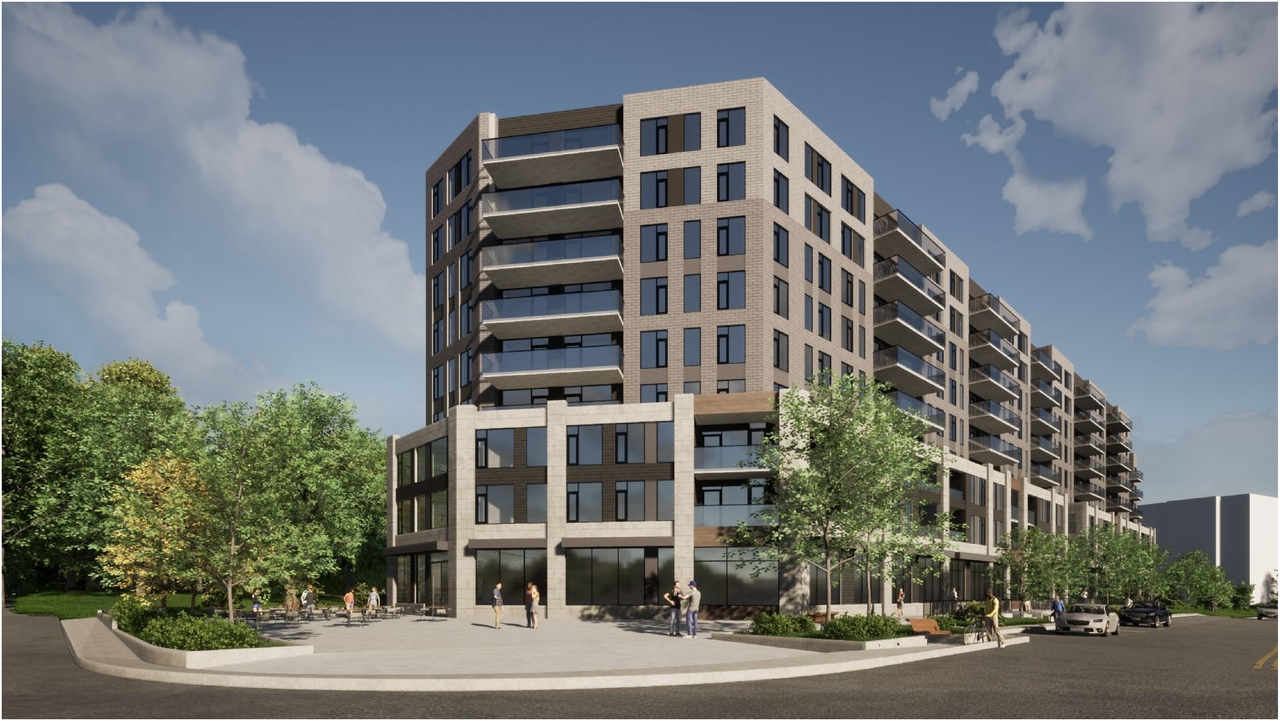 Rendering of building from page 1 of the file '2021-09-28 - View of West Building and Pedestrian Area Rendering - D07-12-21-0153'