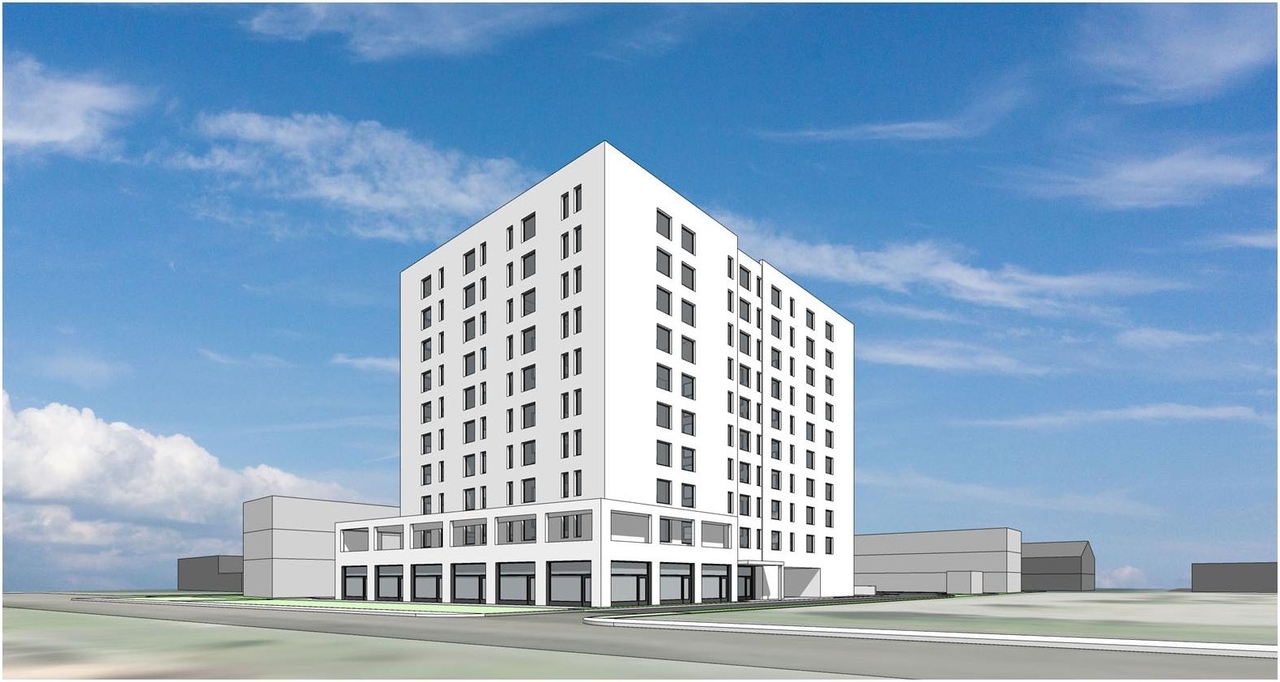 Rendering of building from page 10 of the file '2021-10-27 - Design Brief - D07-12-21-0176'