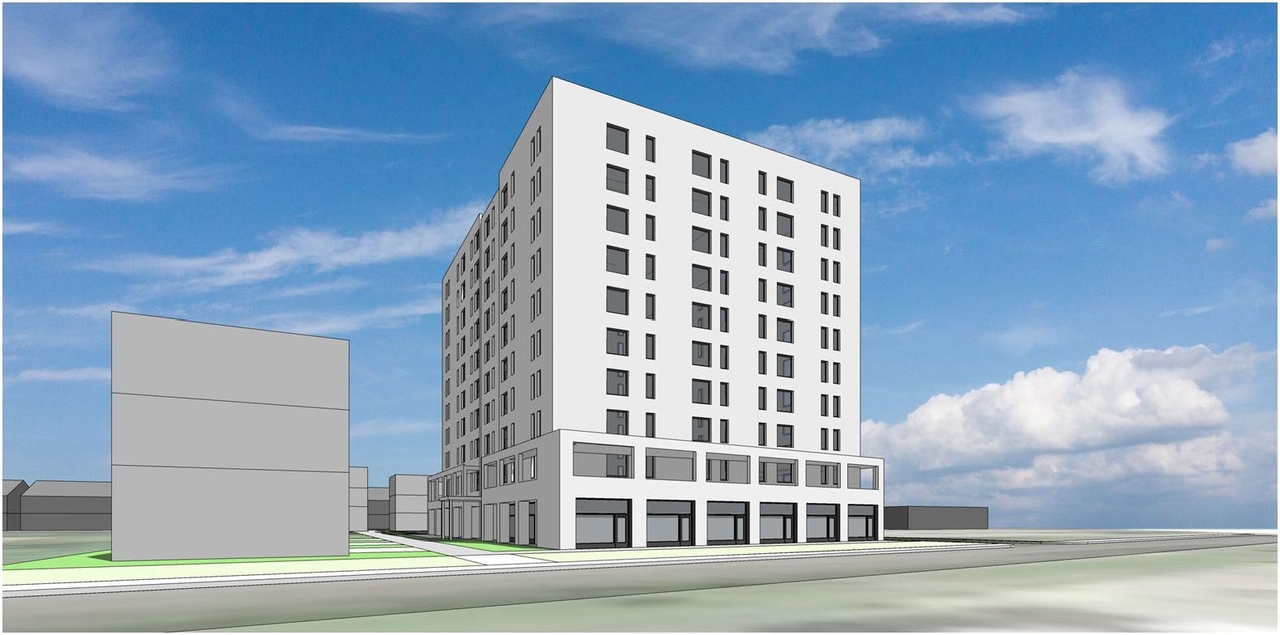 Rendering of building from page 10 of the file '2021-10-27 - Design Brief - D07-12-21-0176'