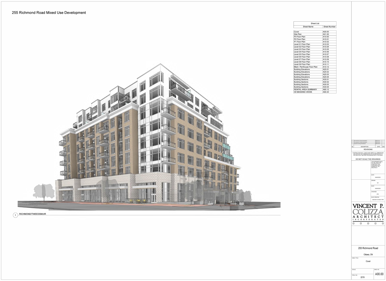 Rendering of building from page 1 of the file '2023-04-25 - Floor, Elevation, Sections, Views Plans -D07-12-21-0179'