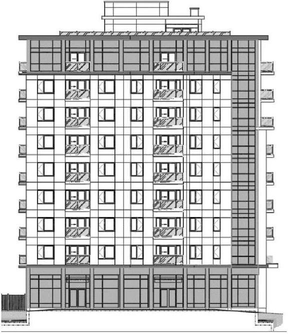Rendering of building from page 5 of the file '2023-05-11 - Design Brief - D07-12-21-0189'