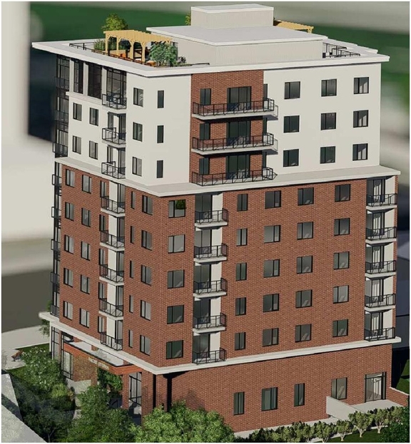 Rendering of building from page 6 of the file '2023-05-11 - Design Brief - D07-12-21-0189'