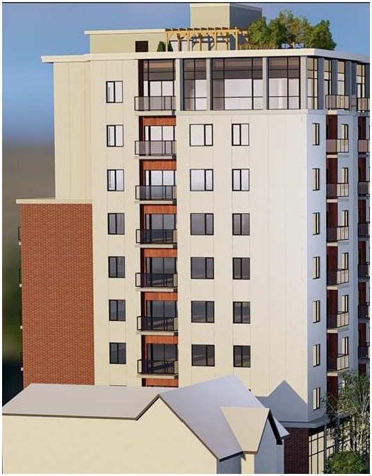 Rendering of building from page 7 of the file '2023-05-11 - Design Brief - D07-12-21-0189'